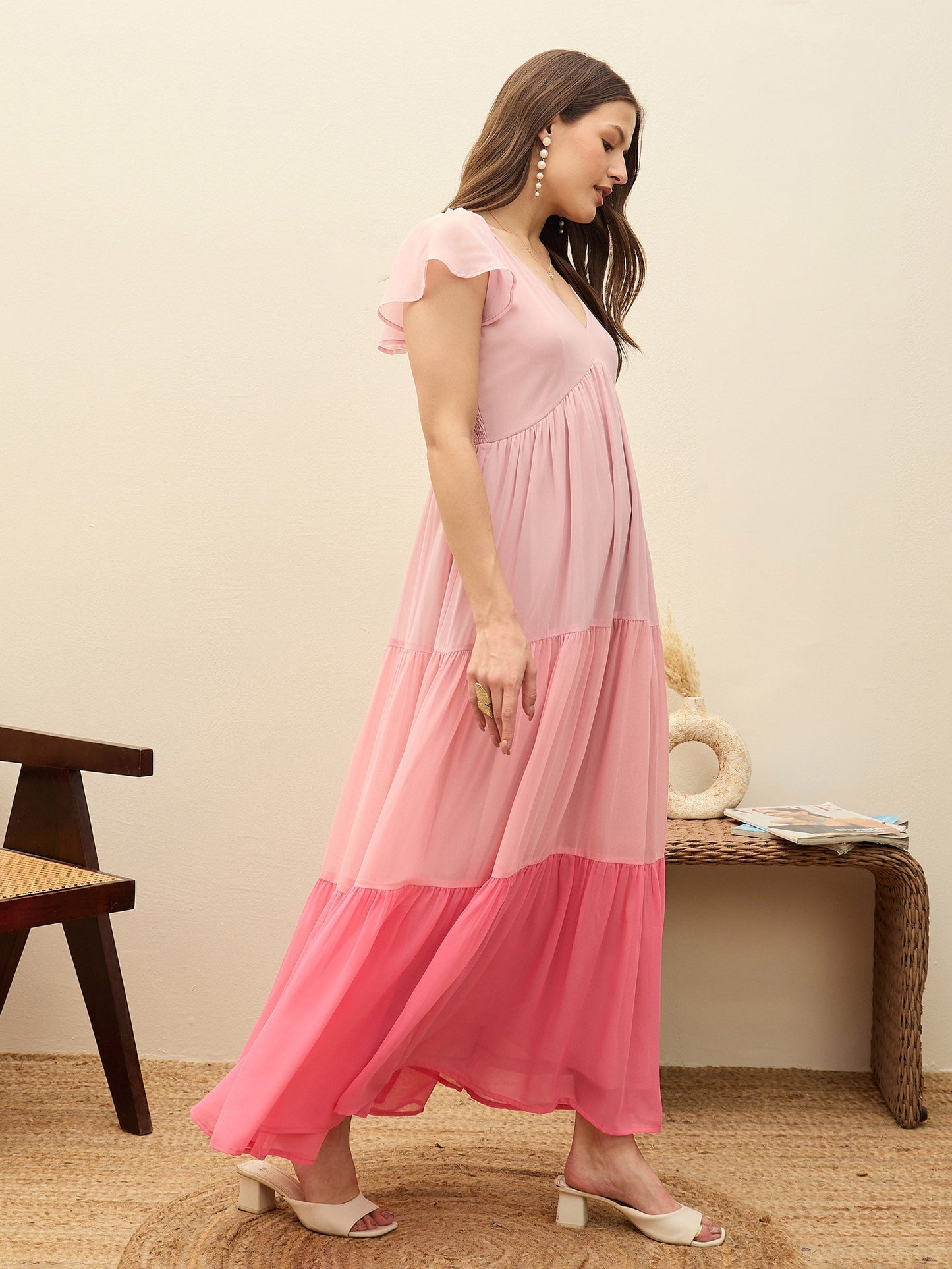 Women Pink Color Blocked Frill Sleeves Tiered Maxi Dress