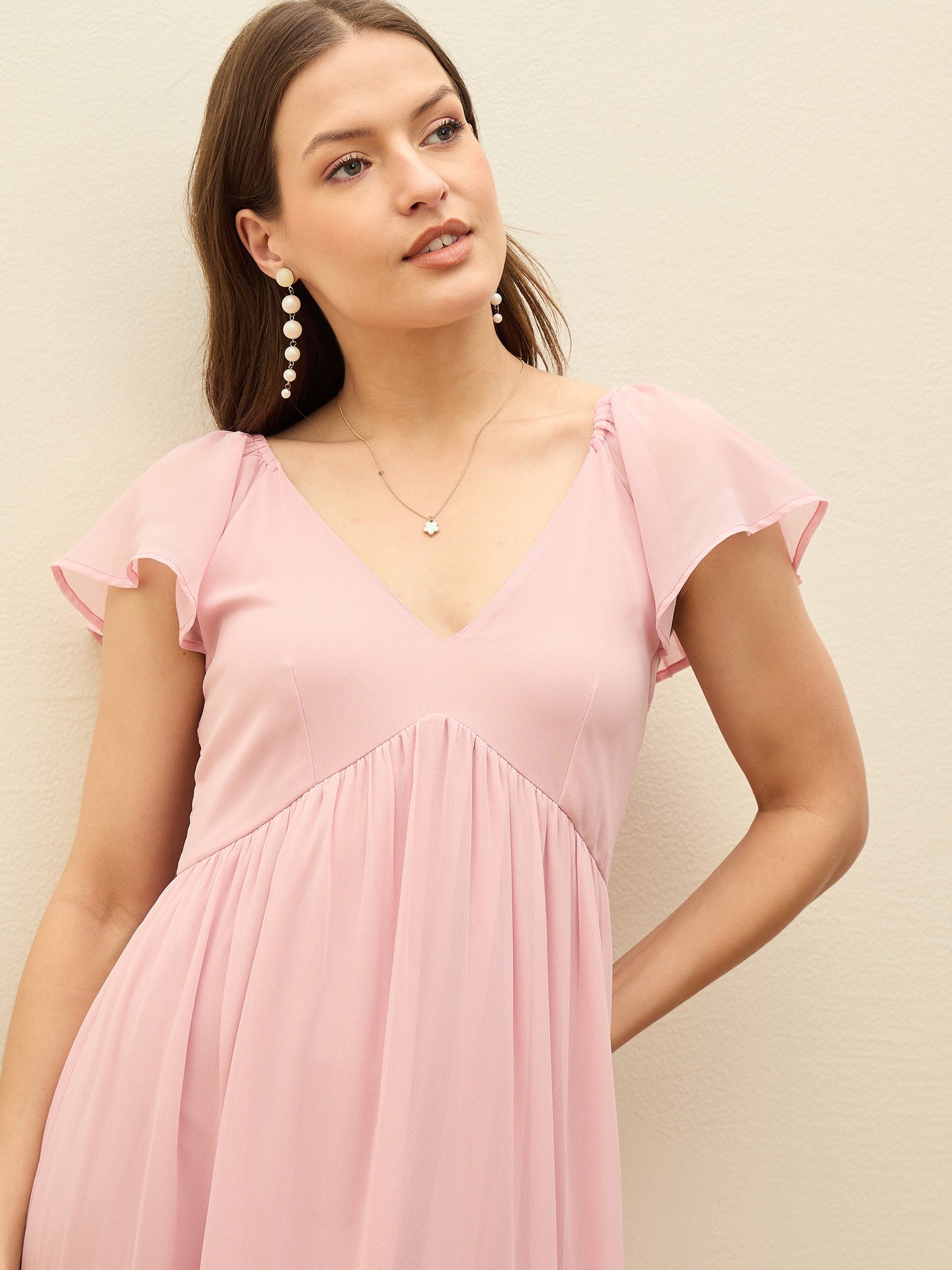 Women Pink Color Blocked Frill Sleeves Tiered Maxi Dress