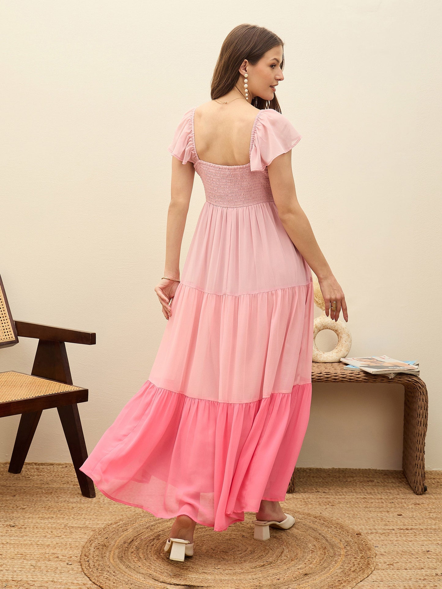 Women Pink Color Blocked Frill Sleeves Tiered Maxi Dress