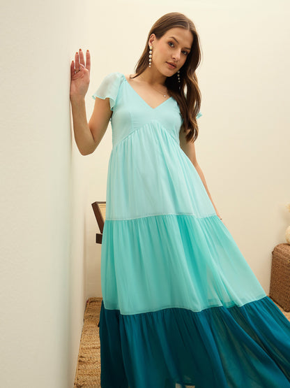 Women Blue Color Blocked Frill Sleeves Tiered Maxi Dress