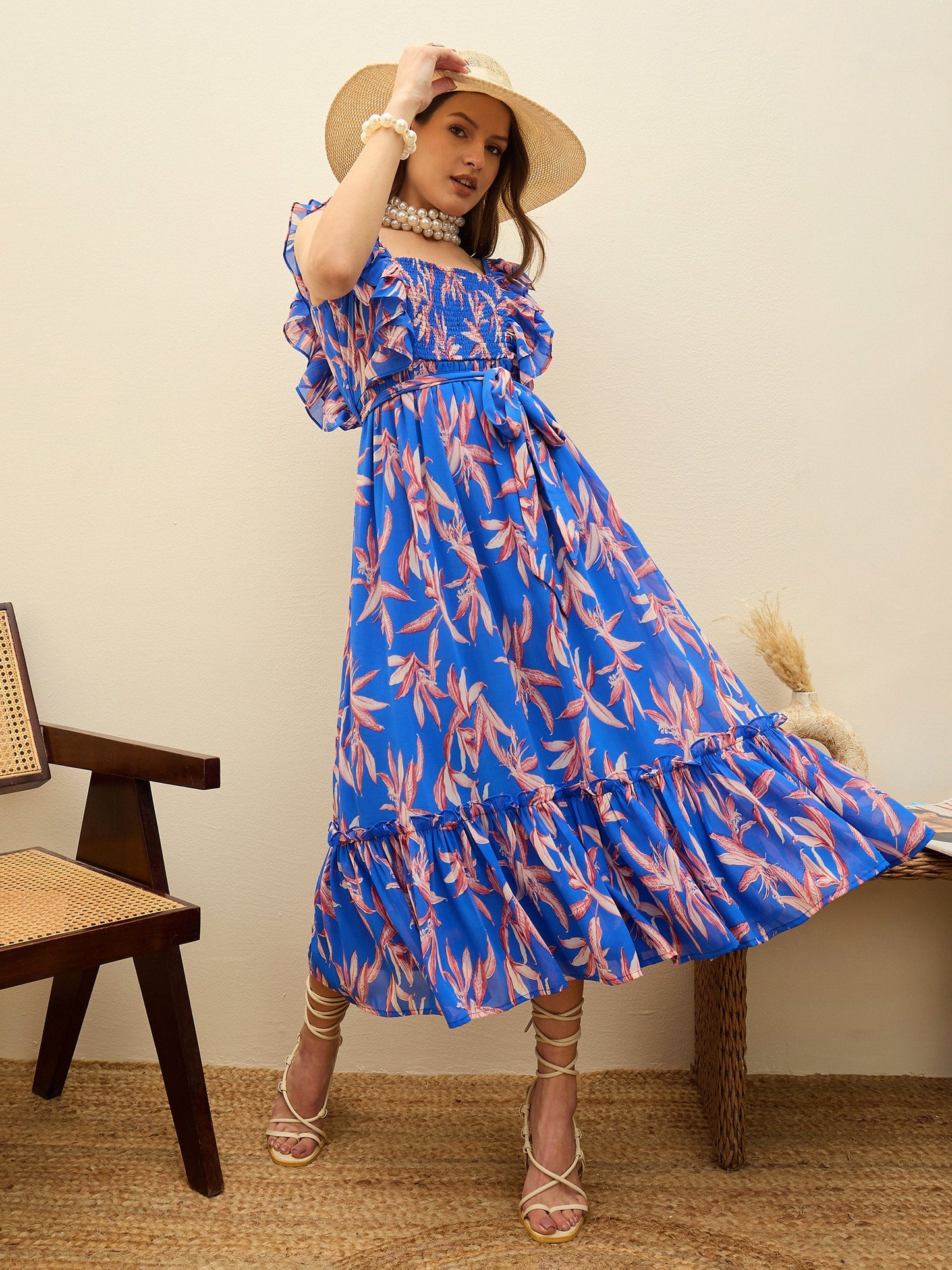 Women Blue Floral Smocked Frill Midi Dress
