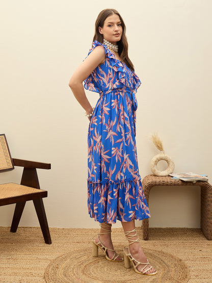 Women Blue Floral Smocked Frill Midi Dress