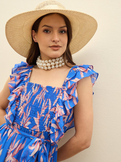 Women Blue Floral Smocked Frill Midi Dress