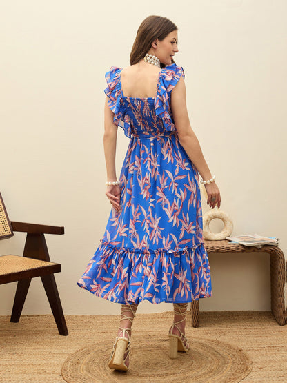 Women Blue Floral Smocked Frill Midi Dress