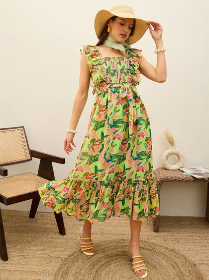 Women Green Floral Smocked Frill Midi Dress