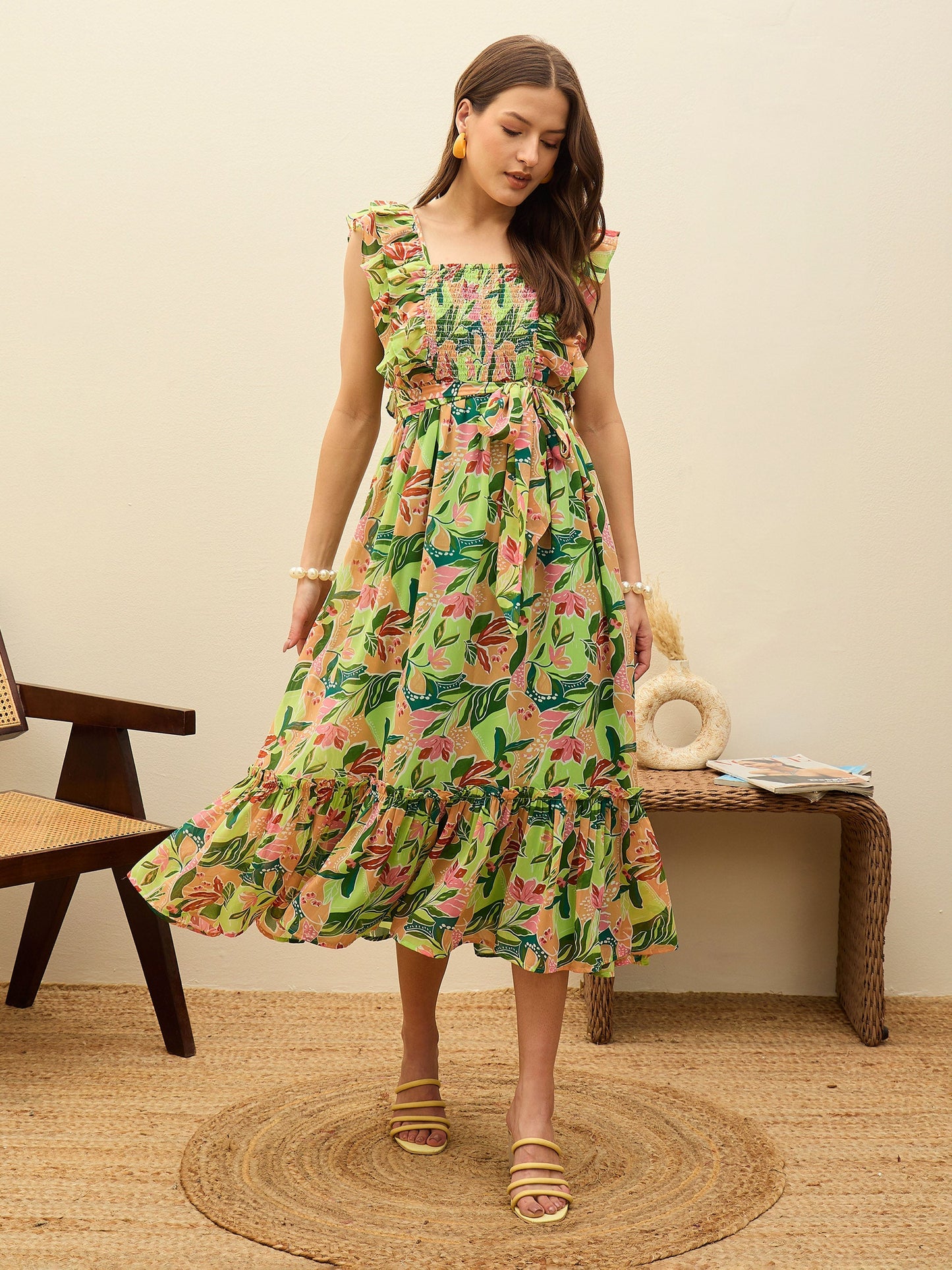 Women Green Floral Smocked Frill Midi Dress