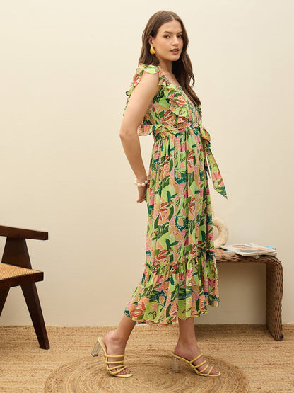 Women Green Floral Smocked Frill Midi Dress