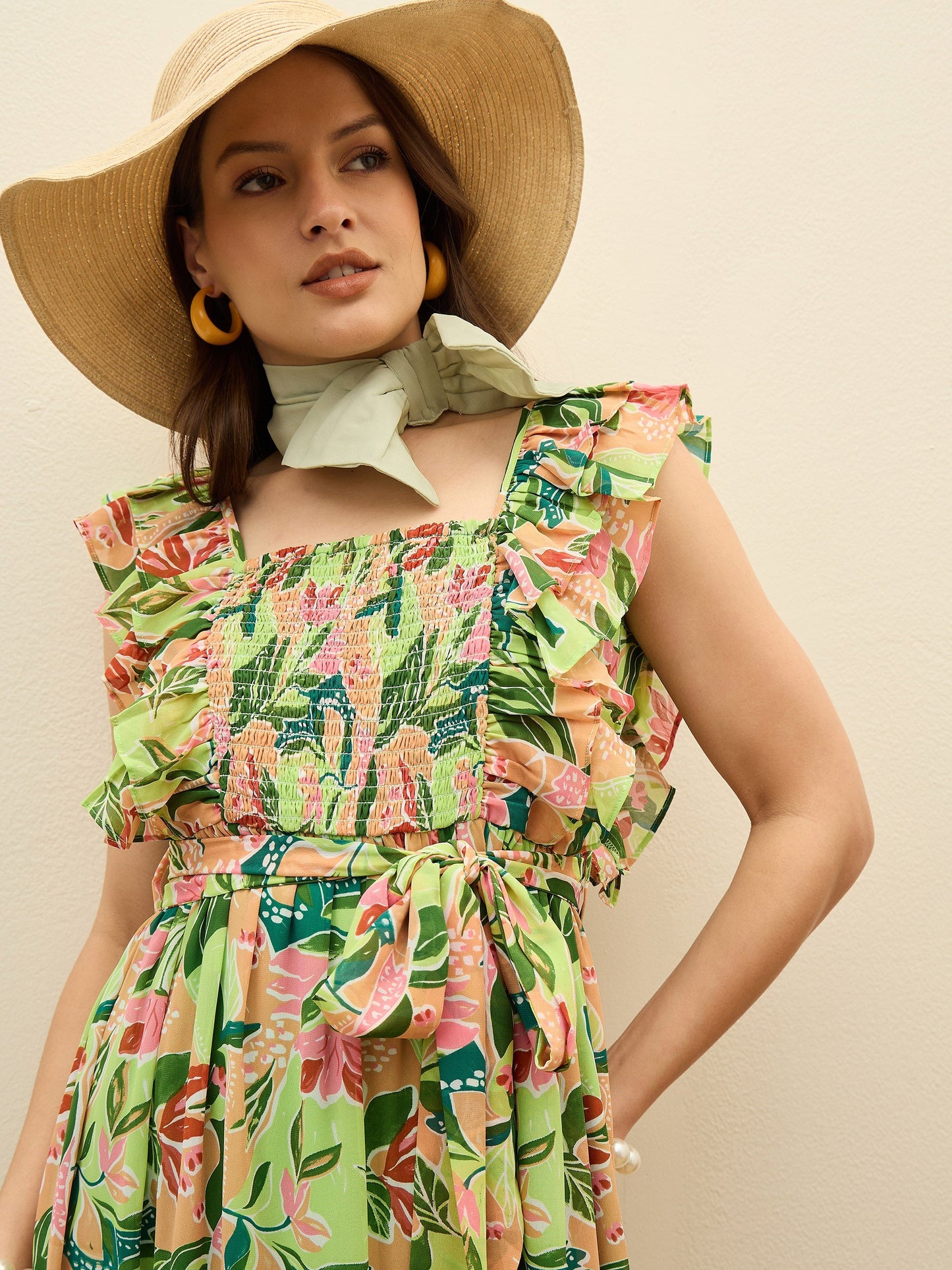 Women Green Floral Smocked Frill Midi Dress