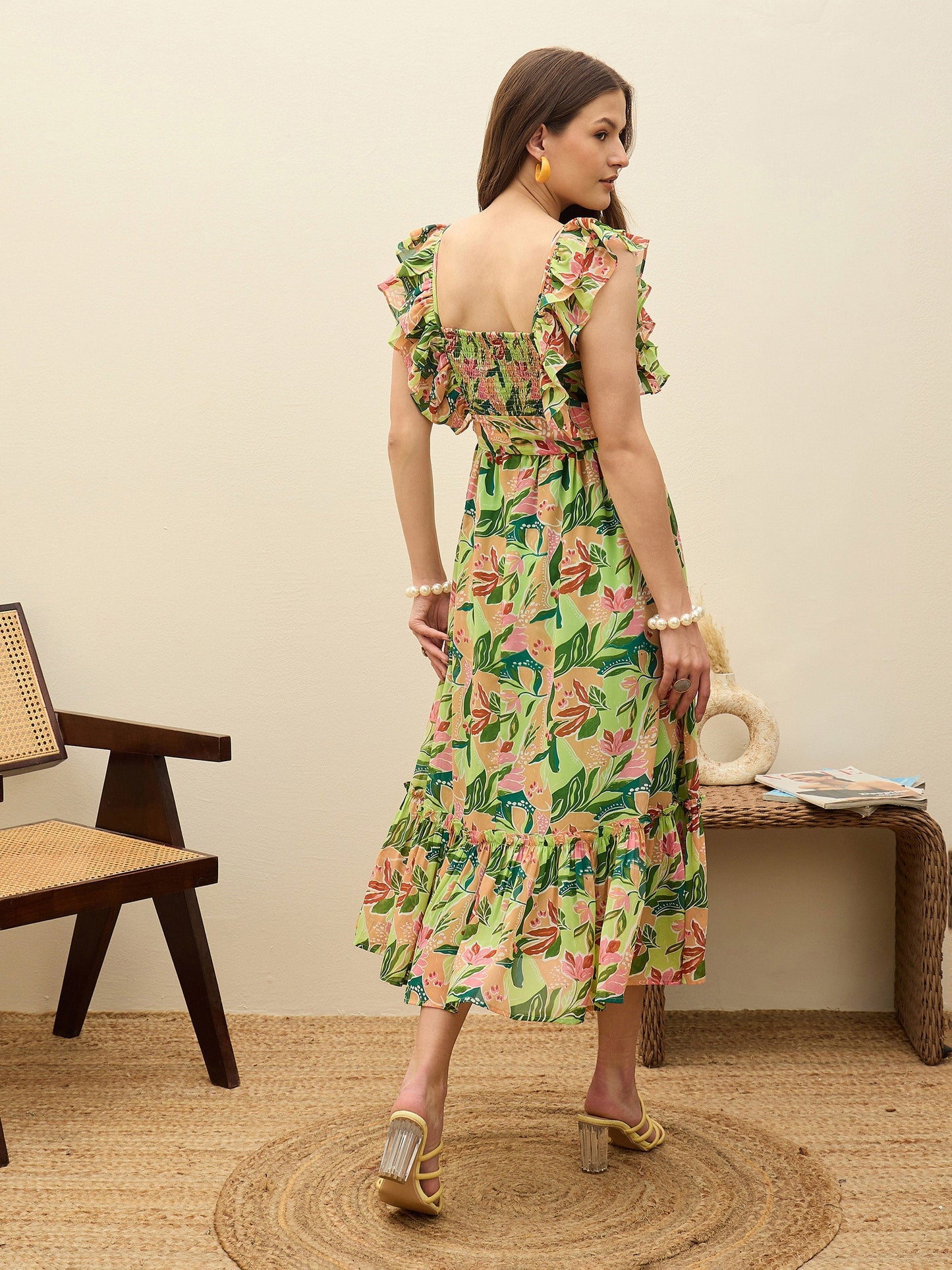 Women Green Floral Smocked Frill Midi Dress