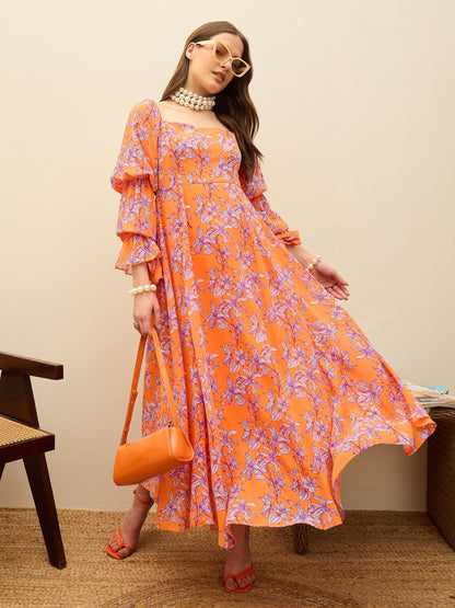 Women Orange Floral Square Neck Maxi Dress