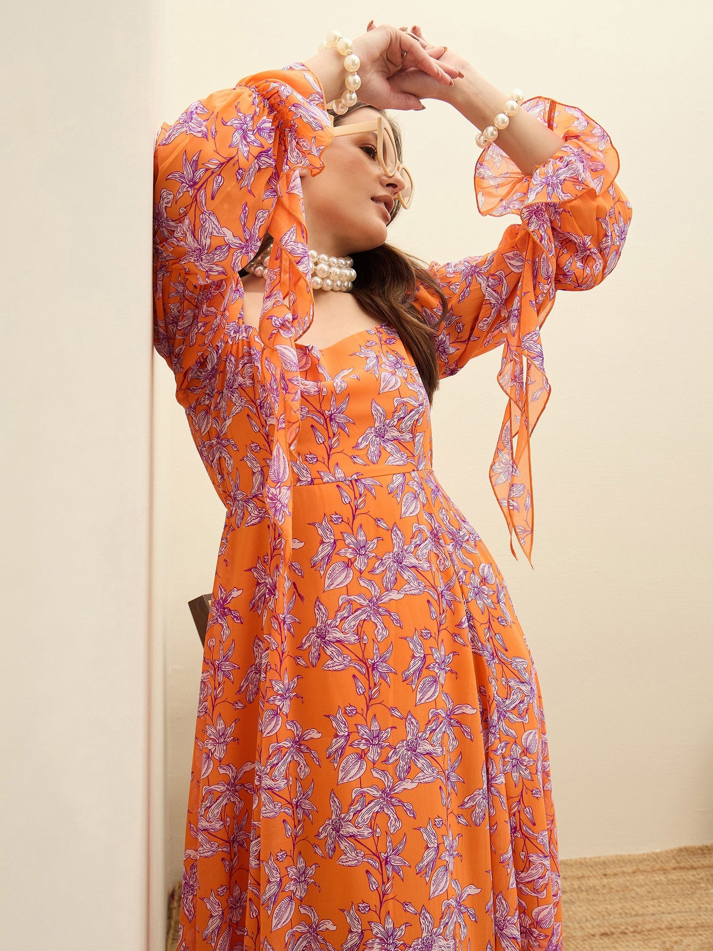 Women Orange Floral Square Neck Maxi Dress