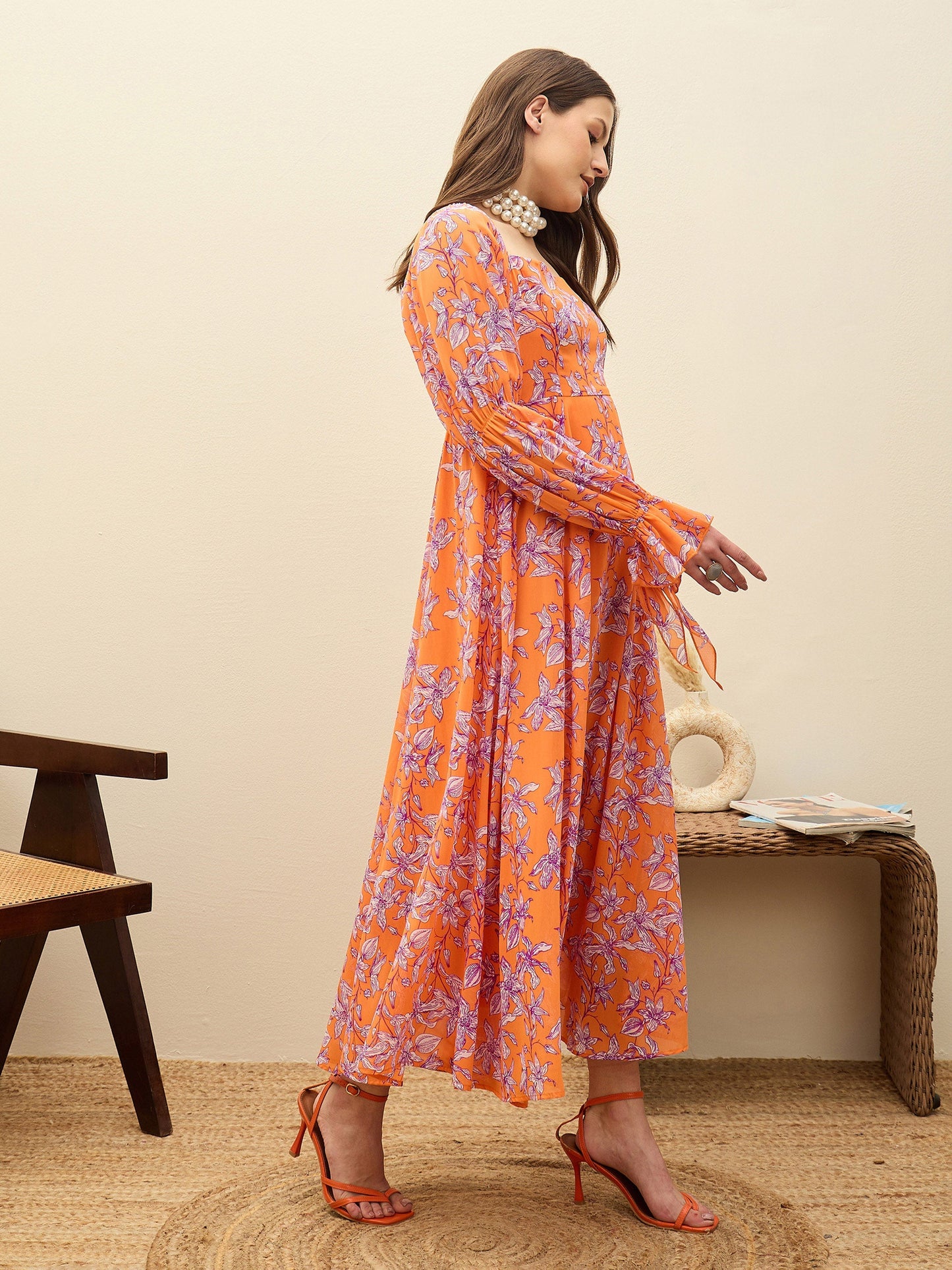 Women Orange Floral Square Neck Maxi Dress