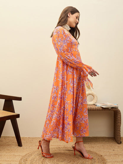 Women Orange Floral Square Neck Maxi Dress