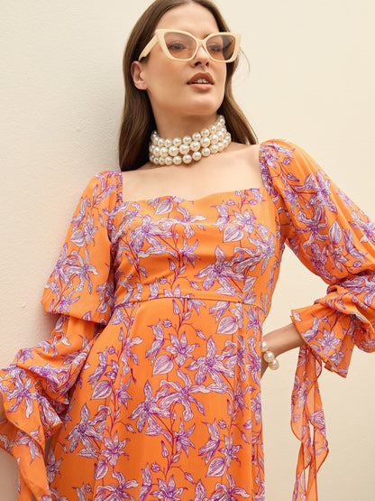 Women Orange Floral Square Neck Maxi Dress