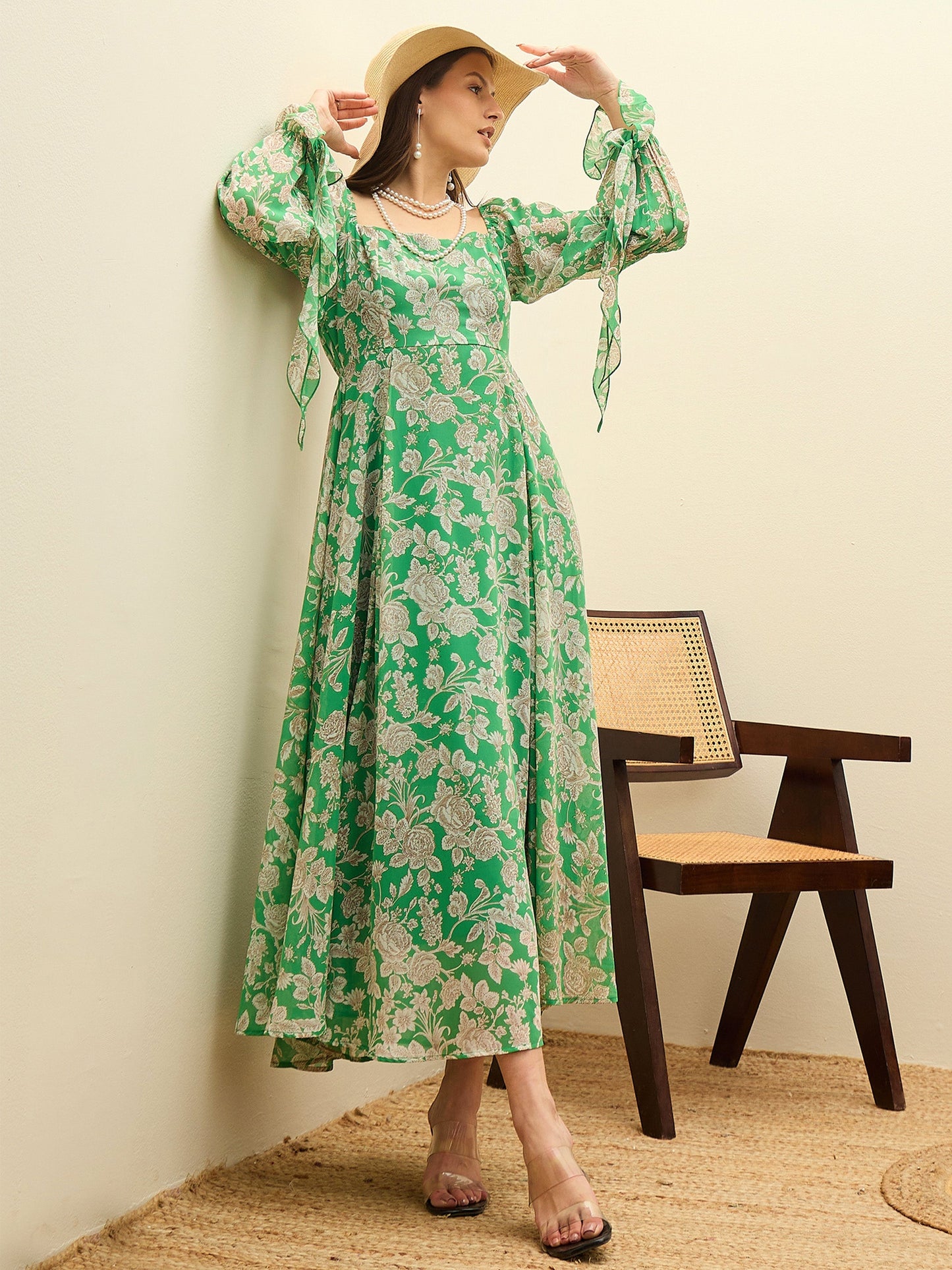 Green Floral Square Neck Maxi Dress
