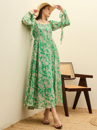 Green Floral Square Neck Maxi Dress