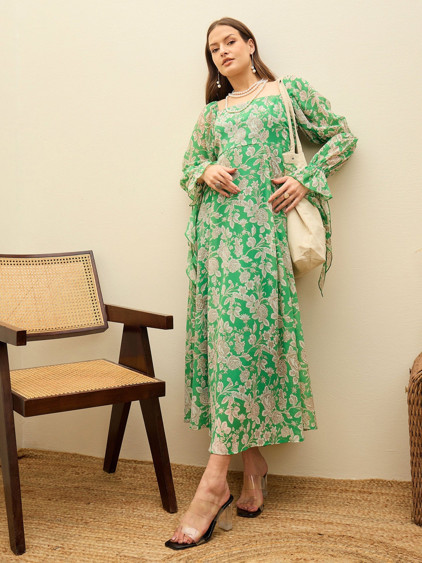 Green Floral Square Neck Maxi Dress