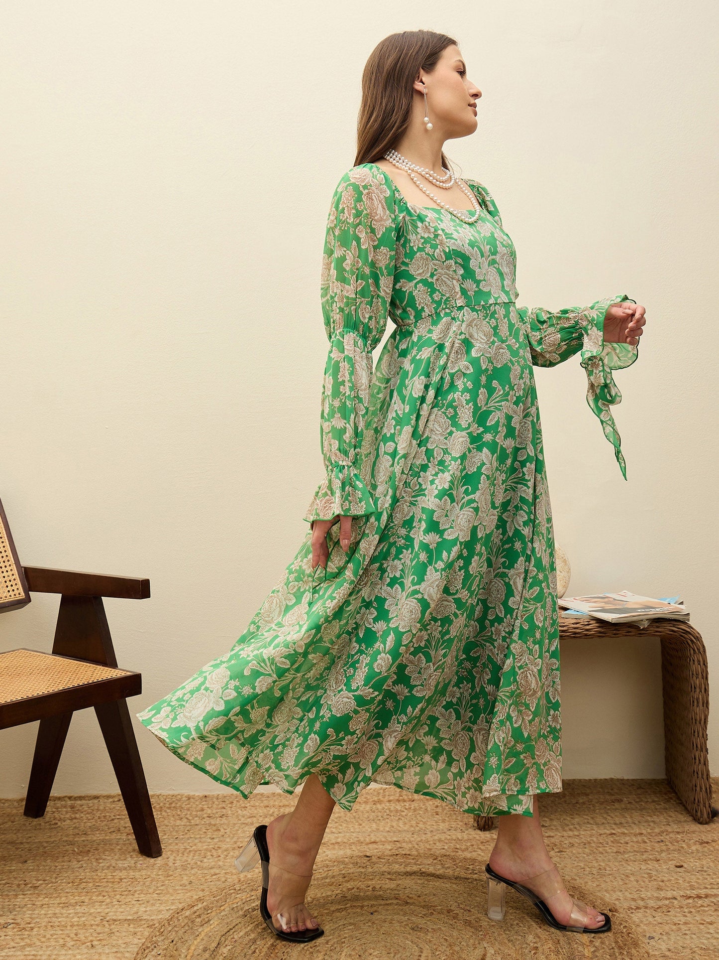 Green Floral Square Neck Maxi Dress