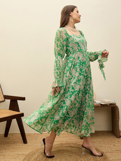 Green Floral Square Neck Maxi Dress