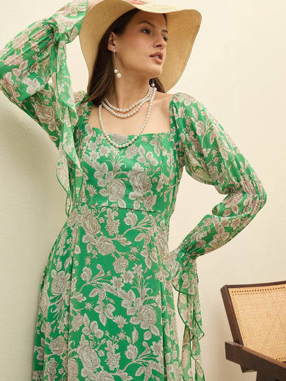 Green Floral Square Neck Maxi Dress