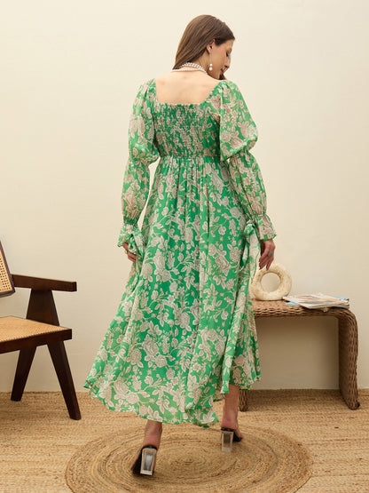 Green Floral Square Neck Maxi Dress