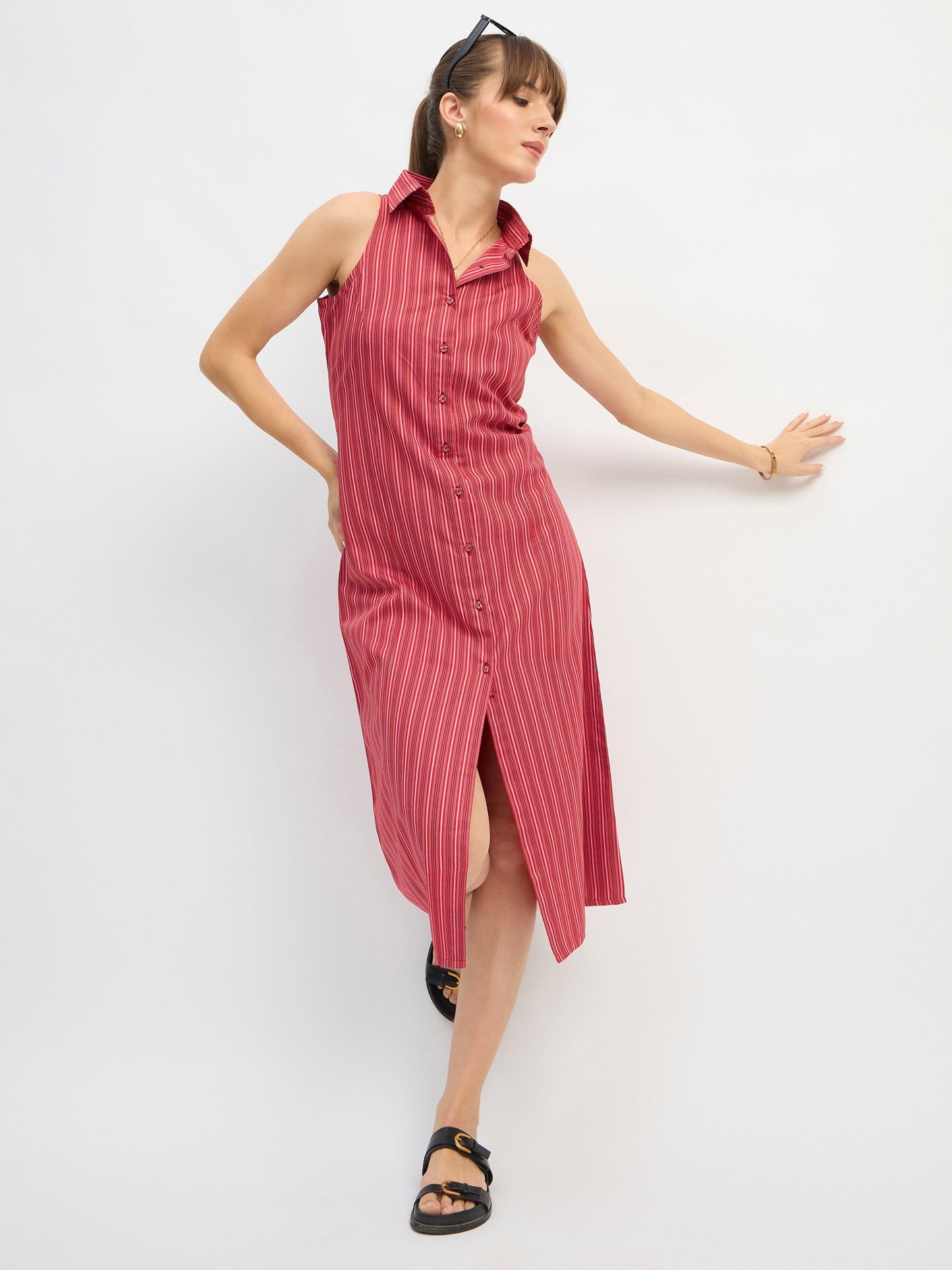 Women Red Penny Stripes Sleeveless Midi Dress