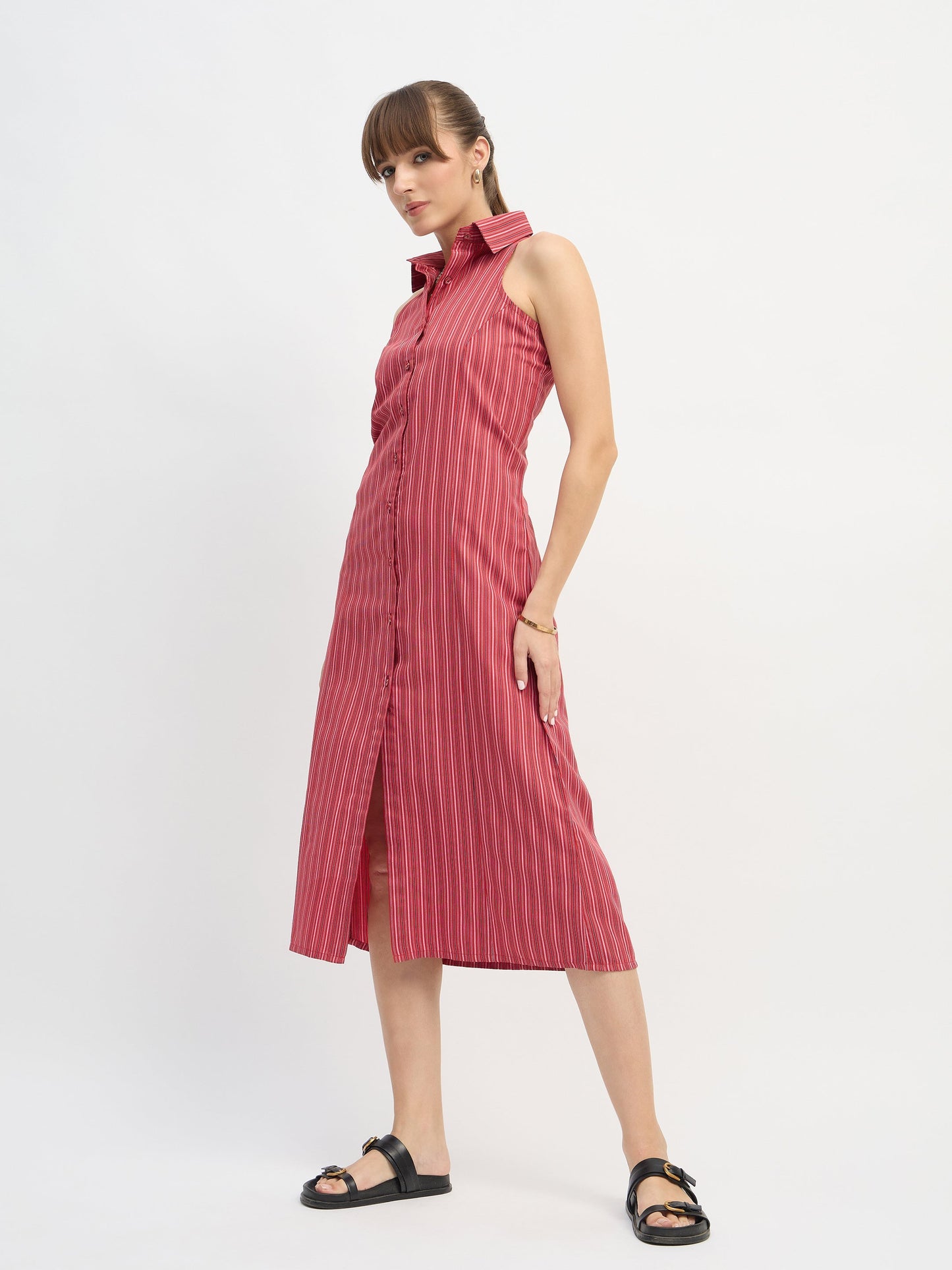 Women Red Penny Stripes Sleeveless Midi Dress