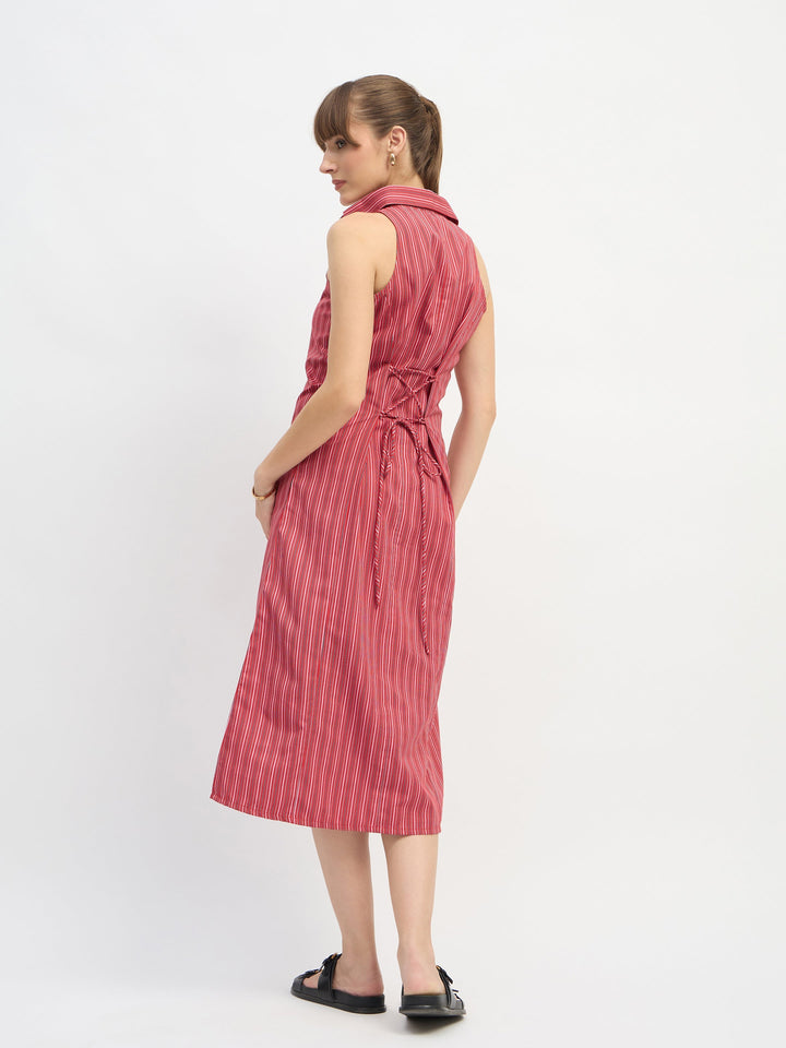 Women Red Penny Stripes Sleeveless Midi Dress