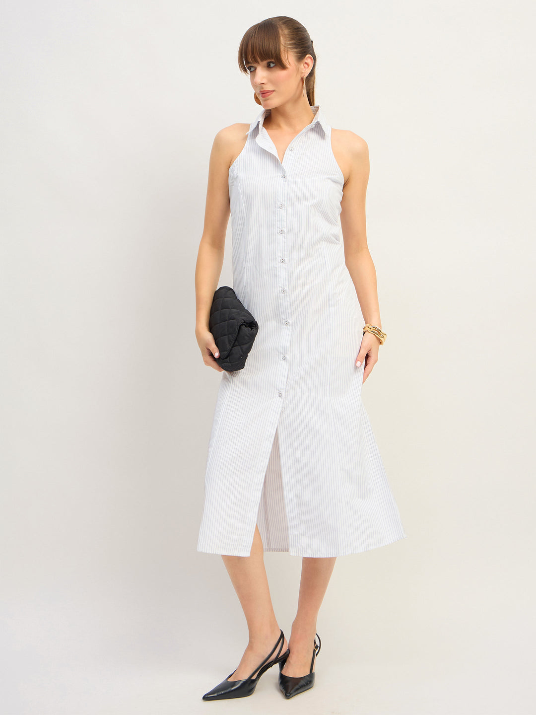 Women White &amp; Blue Stripes Sleeveless Midi Dress