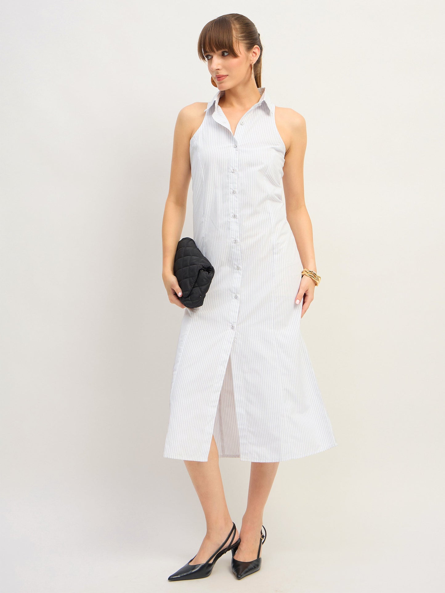 Women White & Blue Stripes Sleeveless Midi Dress