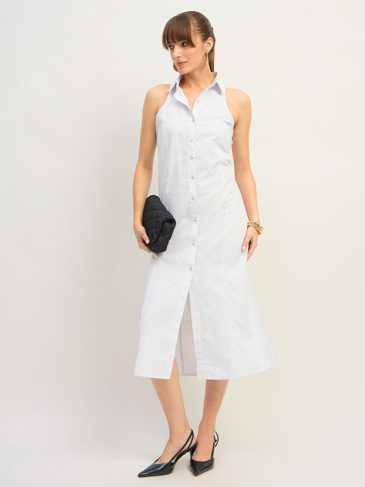 Women White &amp; Blue Stripes Sleeveless Midi Dress