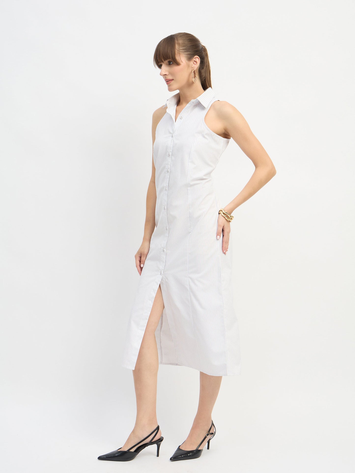 Women White & Blue Stripes Sleeveless Midi Dress