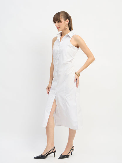 Women White & Blue Stripes Sleeveless Midi Dress