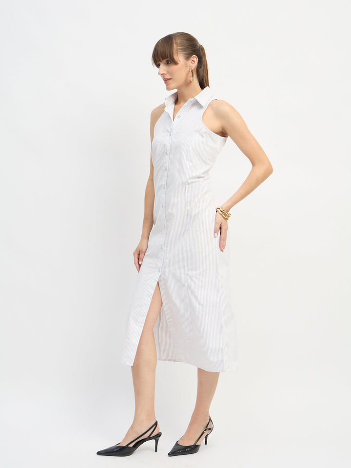 Women White &amp; Blue Stripes Sleeveless Midi Dress