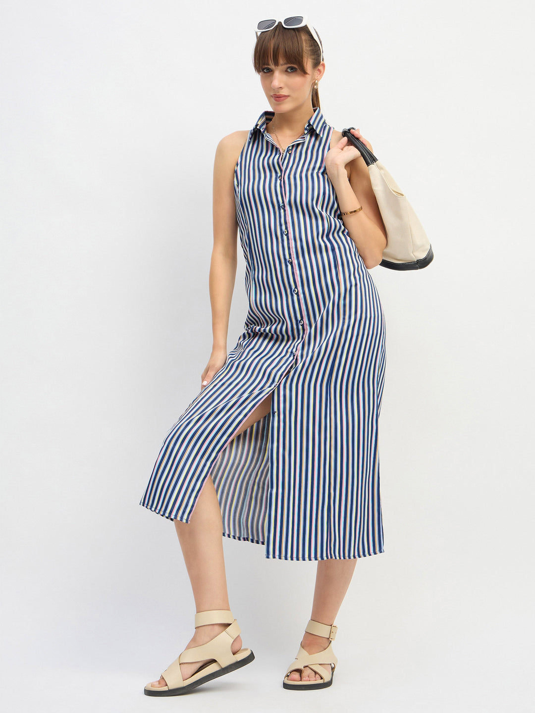 Women Navy Penny Stripes Sleeveless Midi Dress