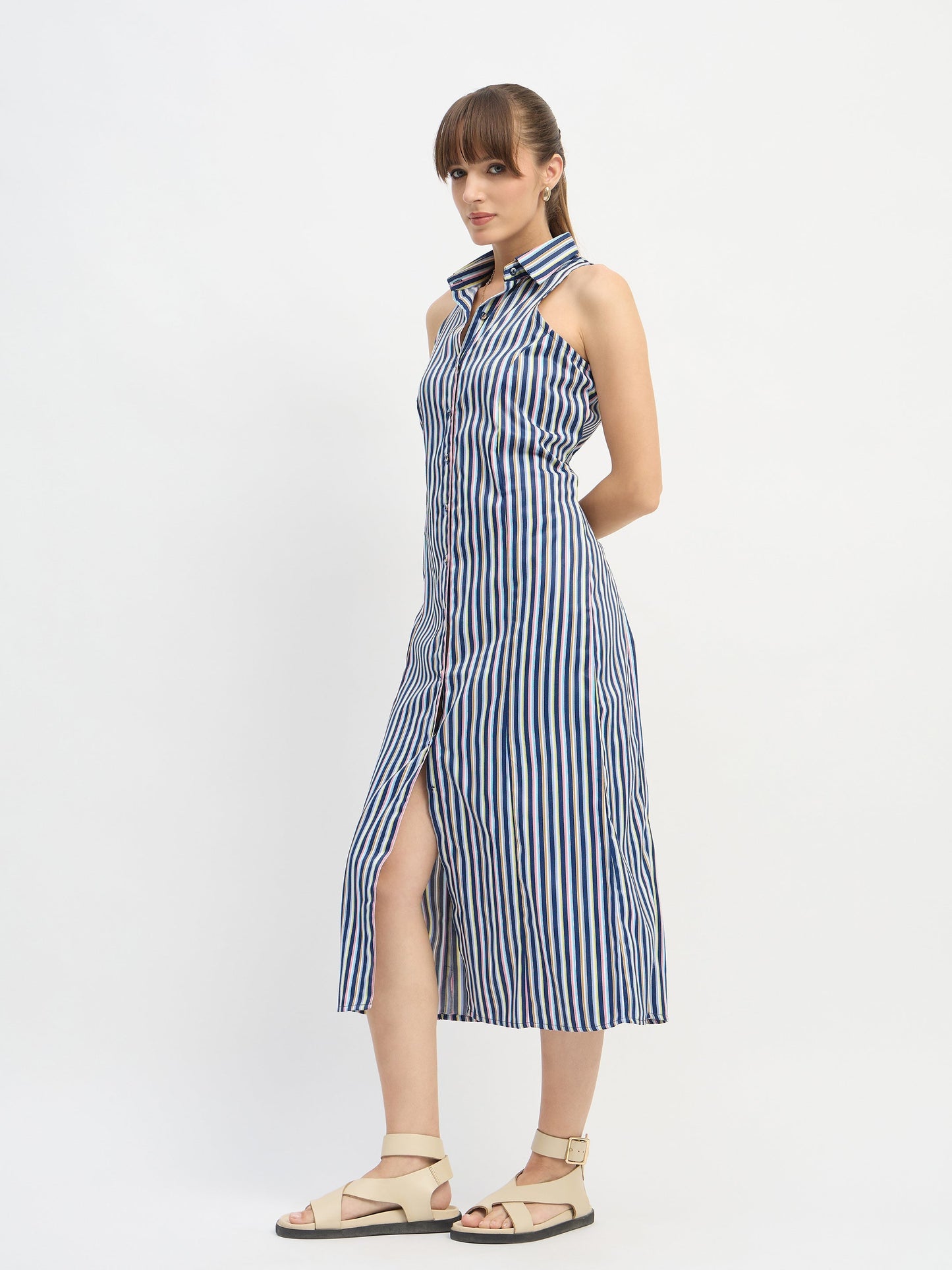 Women Navy Blue Penny Stripes Sleeveless Midi Dress