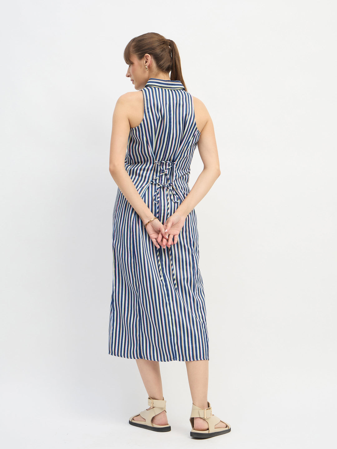 Women Navy Penny Stripes Sleeveless Midi Dress