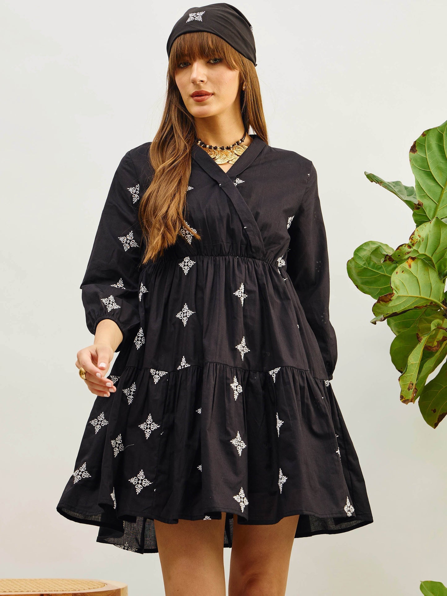 Women Black Embroidered Shawl Collar Tiered Dress