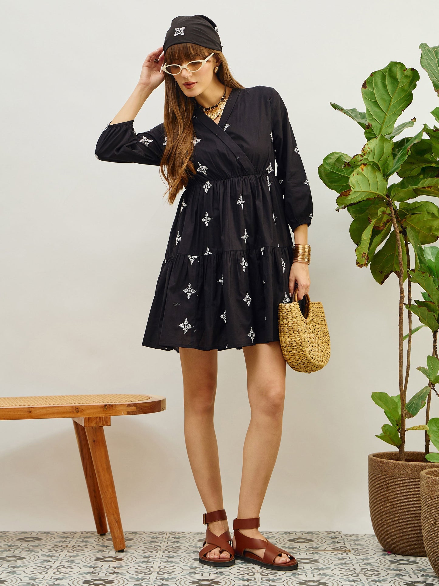 Women Black Embroidered Shawl Collar Tiered Dress