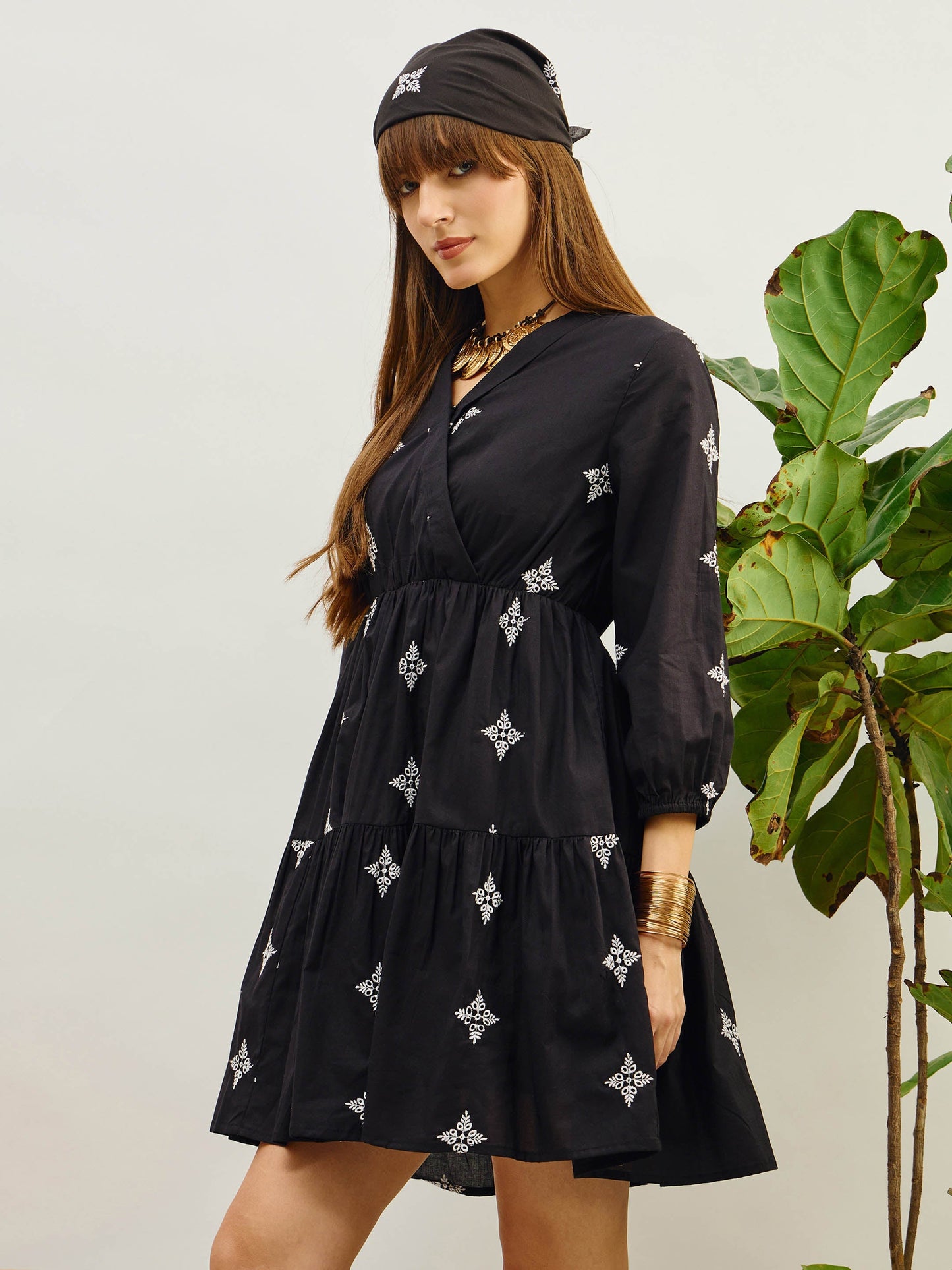 Women Black Embroidered Shawl Collar Tiered Dress