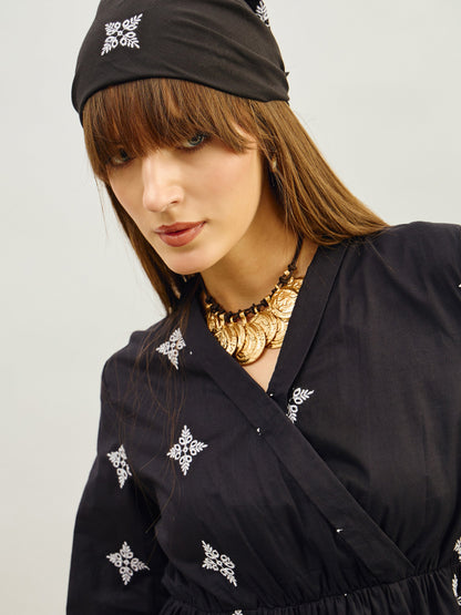 Women Black Embroidered Shawl Collar Tiered Dress