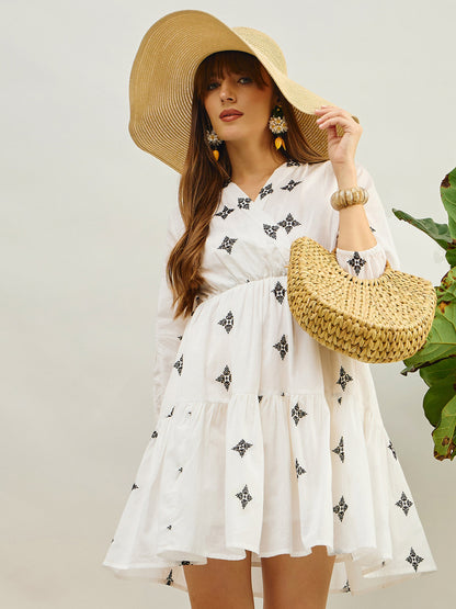 Women White Embroidered Shawl Collar Tiered Dress