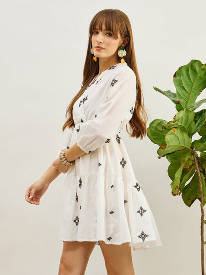 Women White Embroidered Shawl Collar Tiered Dress