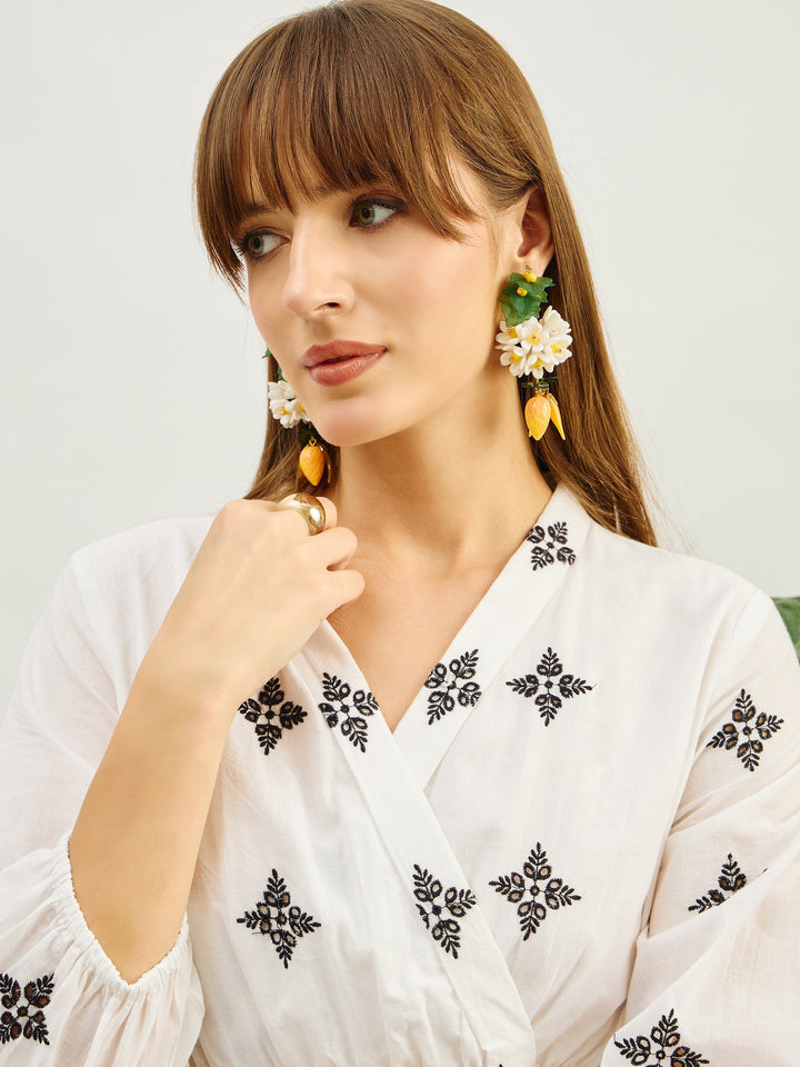 Women White Embroidered Shawl Collar Tiered Dress
