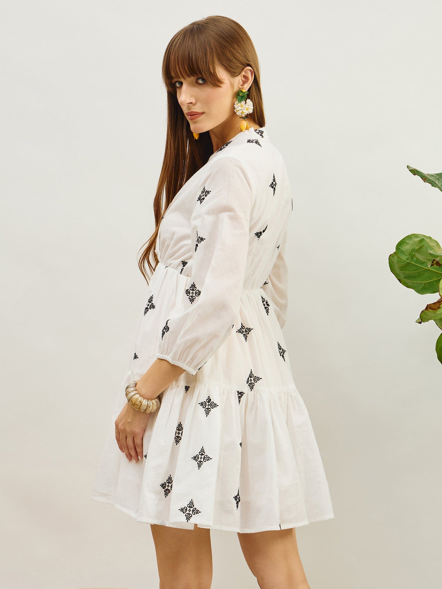 Women White Embroidered Shawl Collar Tiered Dress