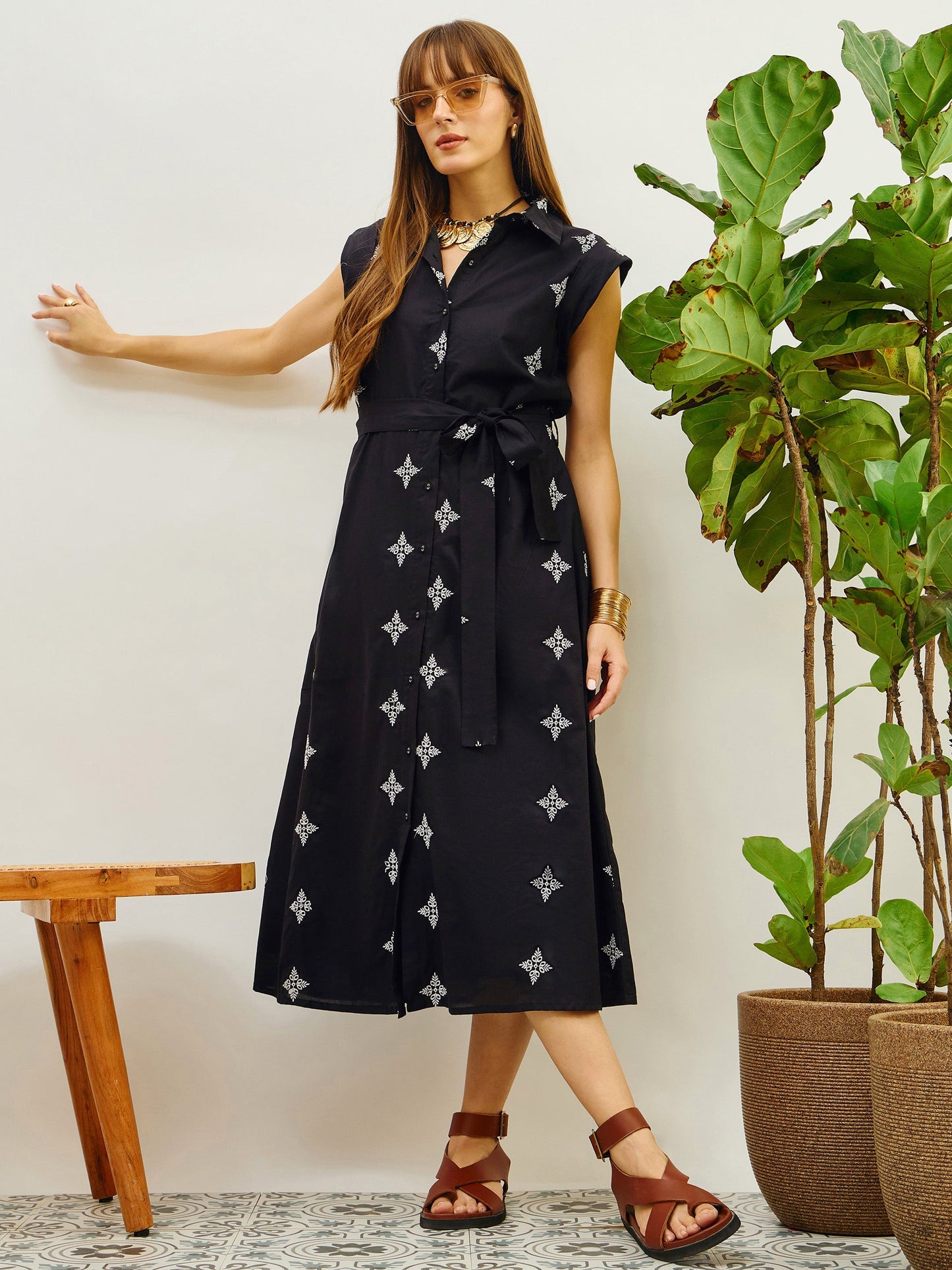 Women Black Embroidered Button Down Midi Dress