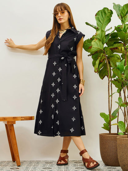 Women Black Embroidered Button Down Midi Dress