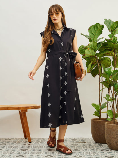 Women Black Embroidered Button Down Midi Dress