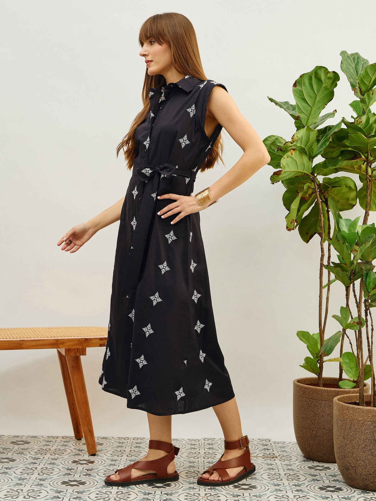Women Black Embroidered Button Down Midi Dress
