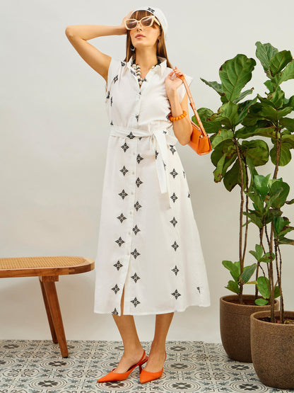 Women White Embroidered Button Down Midi Dress